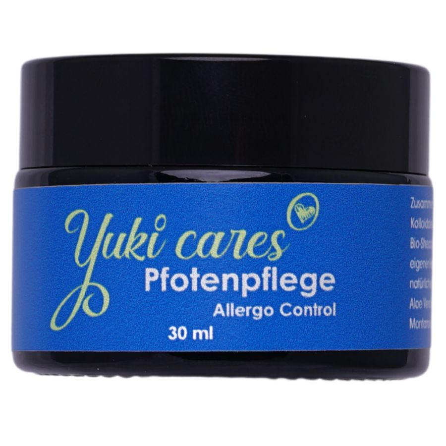 Dose Yuki cares Pfotenpflege, blaues Etikett, Schriftzug, 30 ml.