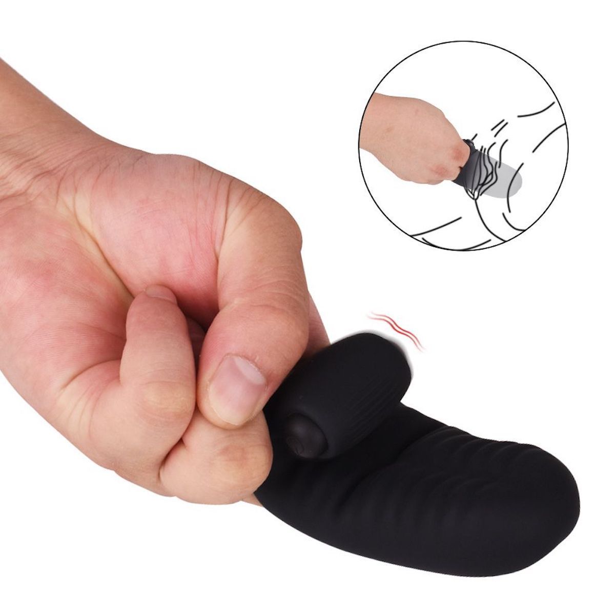 Schwarzer Fingerhandschuh-Vibrator in einer Hand gehalten, mit schematischer Darstellung.
