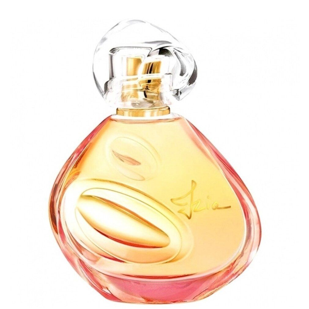 Parfümflakon mit goldfarbenem Verschluss und Schriftzug "Izia". Flakon aus Glas mit rosa und gelben Farbtönen.