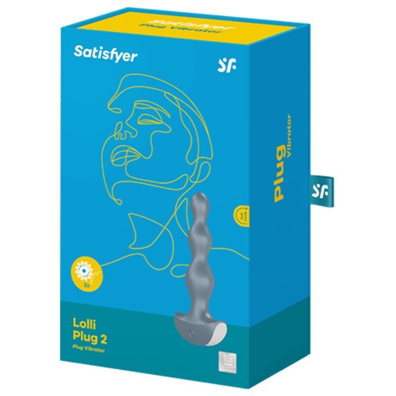 Verpackung von Analvibrator "Lolli Plug 2". Blau-gelbe Box mit Produktabbildung und Markenlogo "Satisfyer".