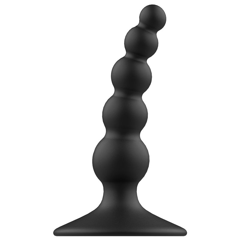 Schwarzer Analplug mit abgerundeten Kugeln und breiter Basis. Aus flexiblem Material.