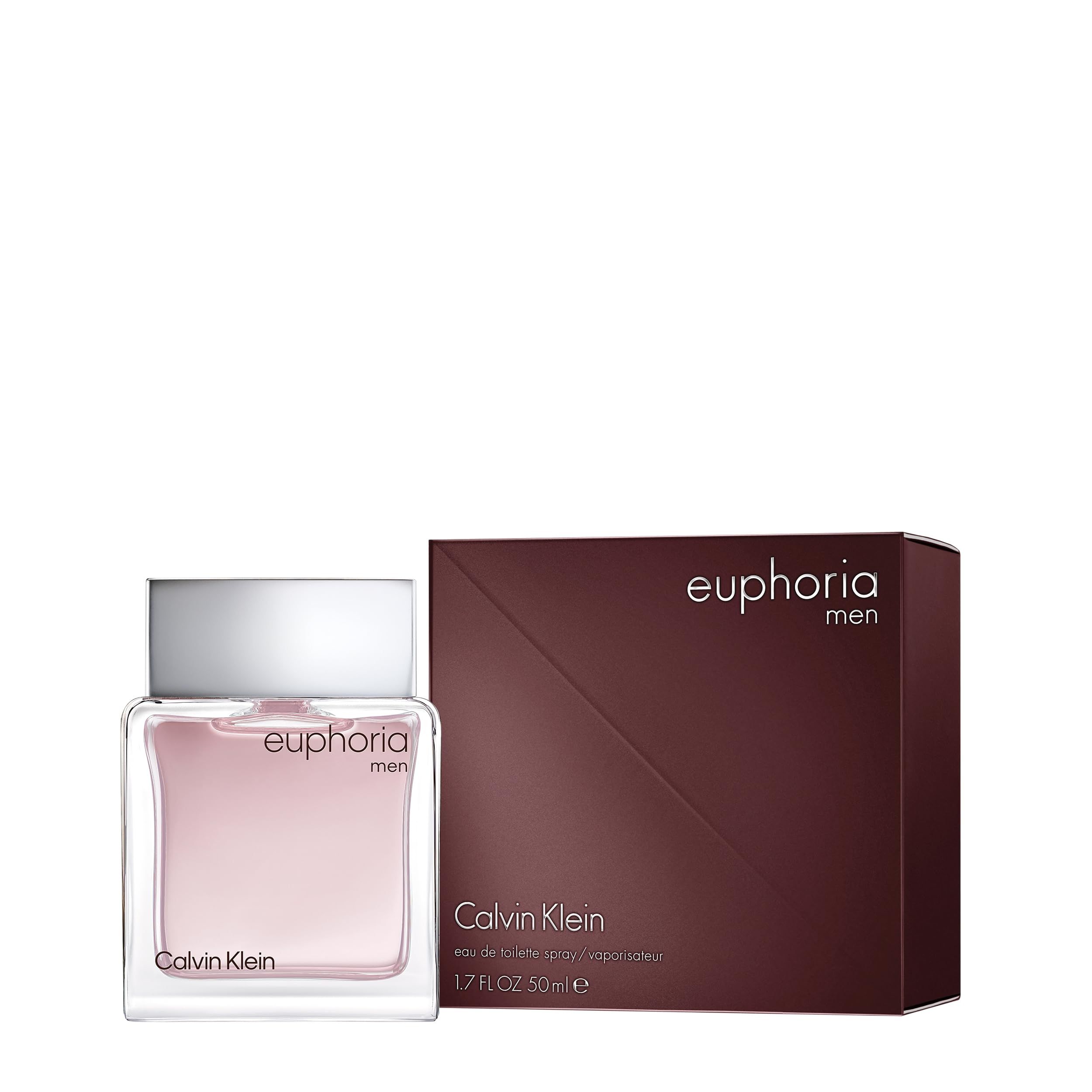 Flakon und Verpackung von Calvin Klein Euphoria Men. Aufschrift: Euphoria Men, Calvin Klein, 1.7 FL.OZ 50ml e.