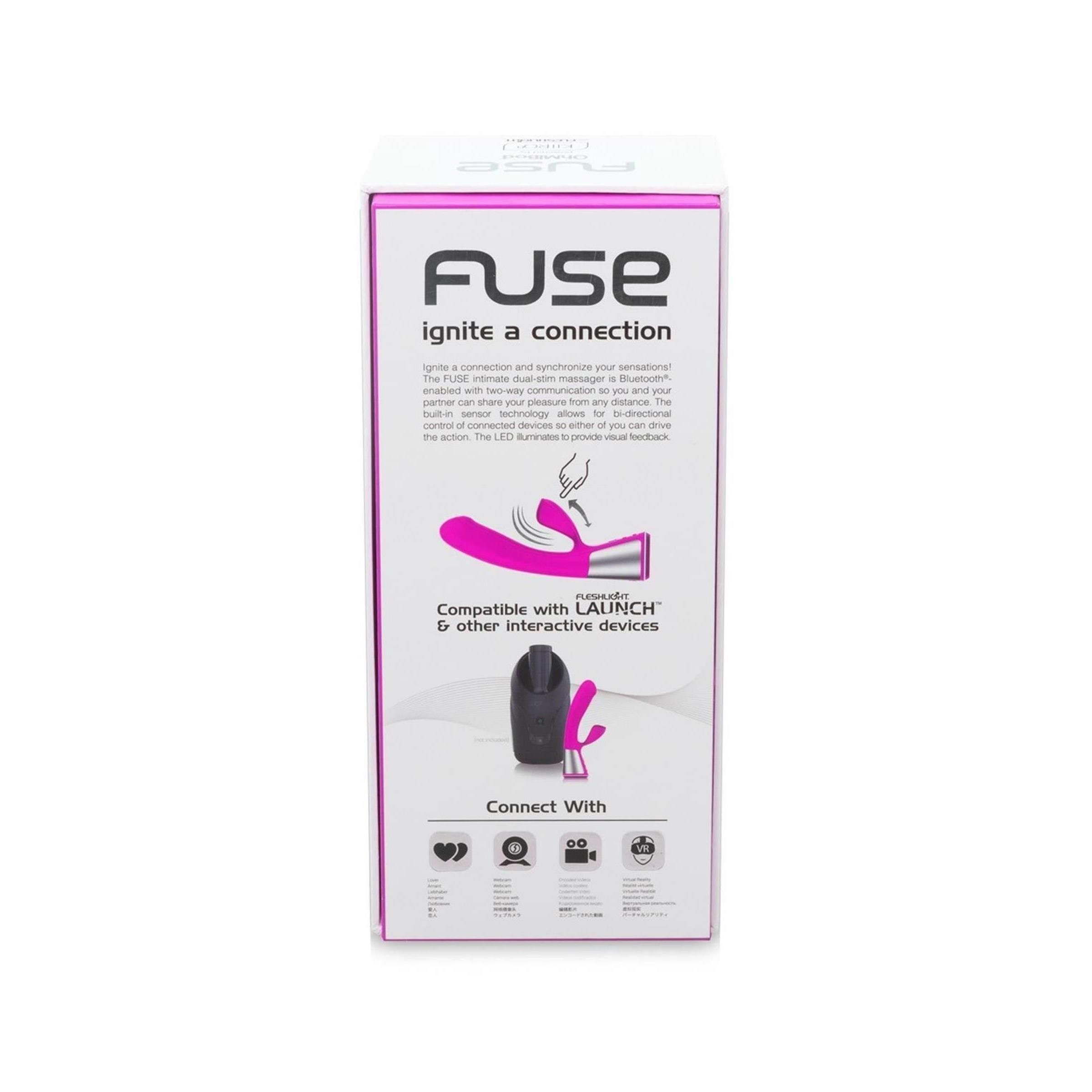 Verpackung mit Produktabbildung und Text: FUSE, ignite a connection. Rosa und weiß.