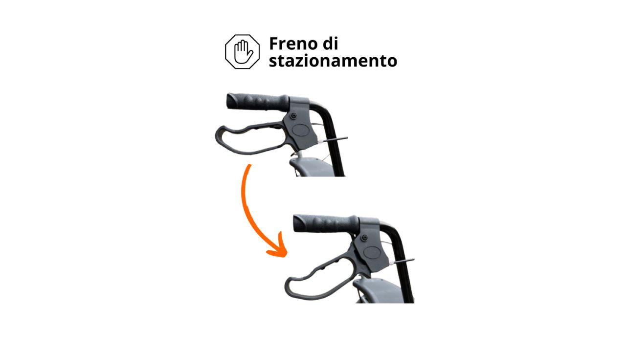 Close-up van de remmen van een rollator. Zwarte handgrepen met remhendels. Hand-symbool voor parkeerrem.