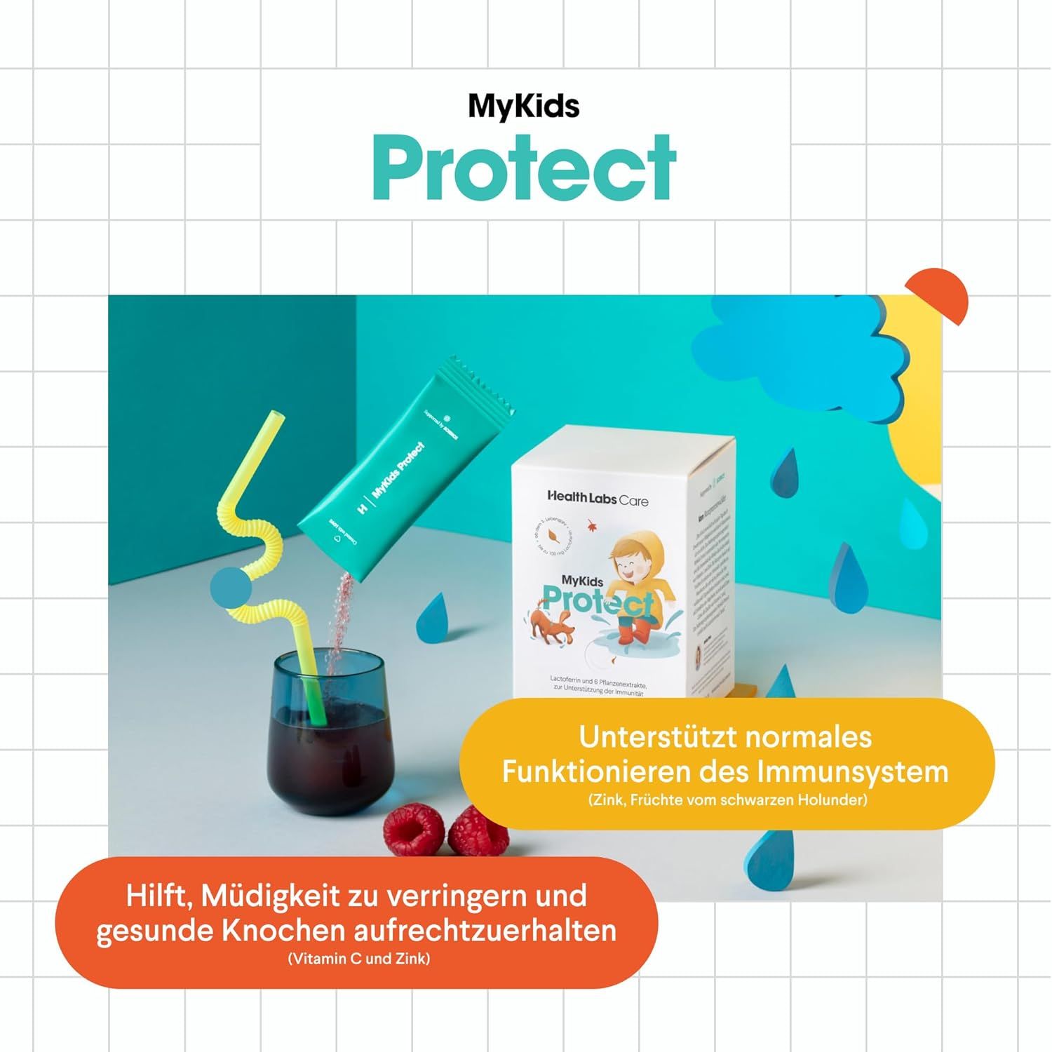 Beutel und Schachtel mit Produktnamen. Text: Unterstützt Immunsystem, hilft Müdigkeit zu verringern. Enthält Vitamin C und Zink.