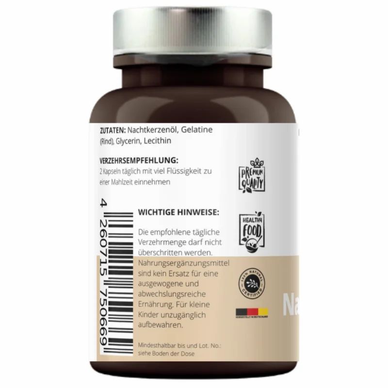 Rückseite der Flasche mit Informationen. Nachtkerzenöl, Inhaltsstoffe, Verzehrempfehlung, wichtige Hinweise, VitaminFuchs, Zertifizierungen.