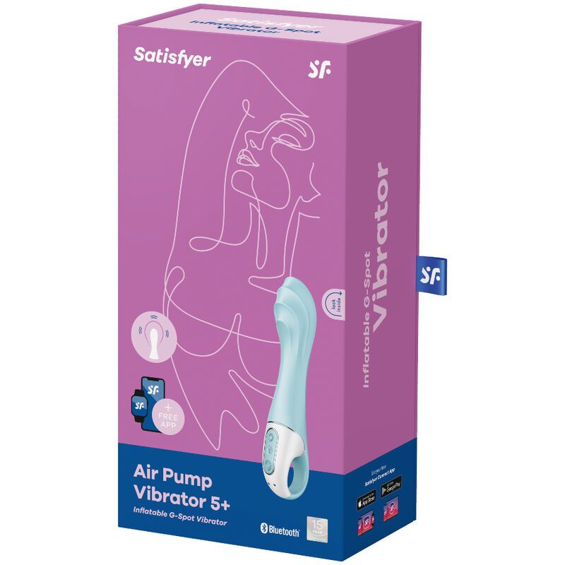 Verpackung mit Produktabbildung. Marke: Satisfyer. Text: Air Pump Vibrator 5+. Bluetooth-Logo.
