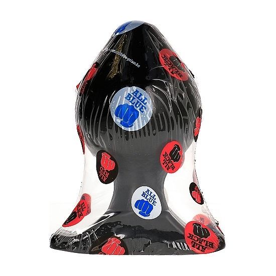 Schwarzer Analplug in transparenter Verpackung mit Aufklebern. Aufkleber mit "ALL BLACK" und Faust-Logo.