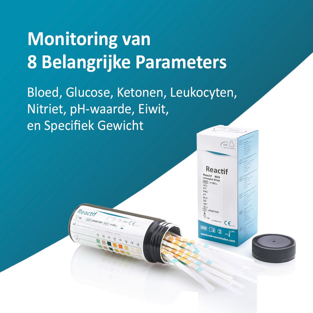 Monitoring van 8 parameters. Productverpakking en teststrips. Fles met strips, deksel.