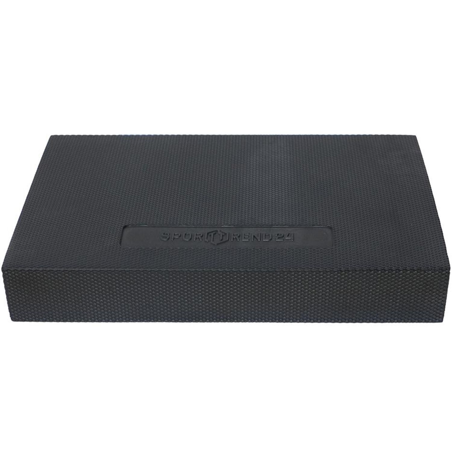 Schwarzes Balance Pad mit geprägtem Schriftzug Sporttrend24. Rechteckige Form mit abgerundeten Kanten.