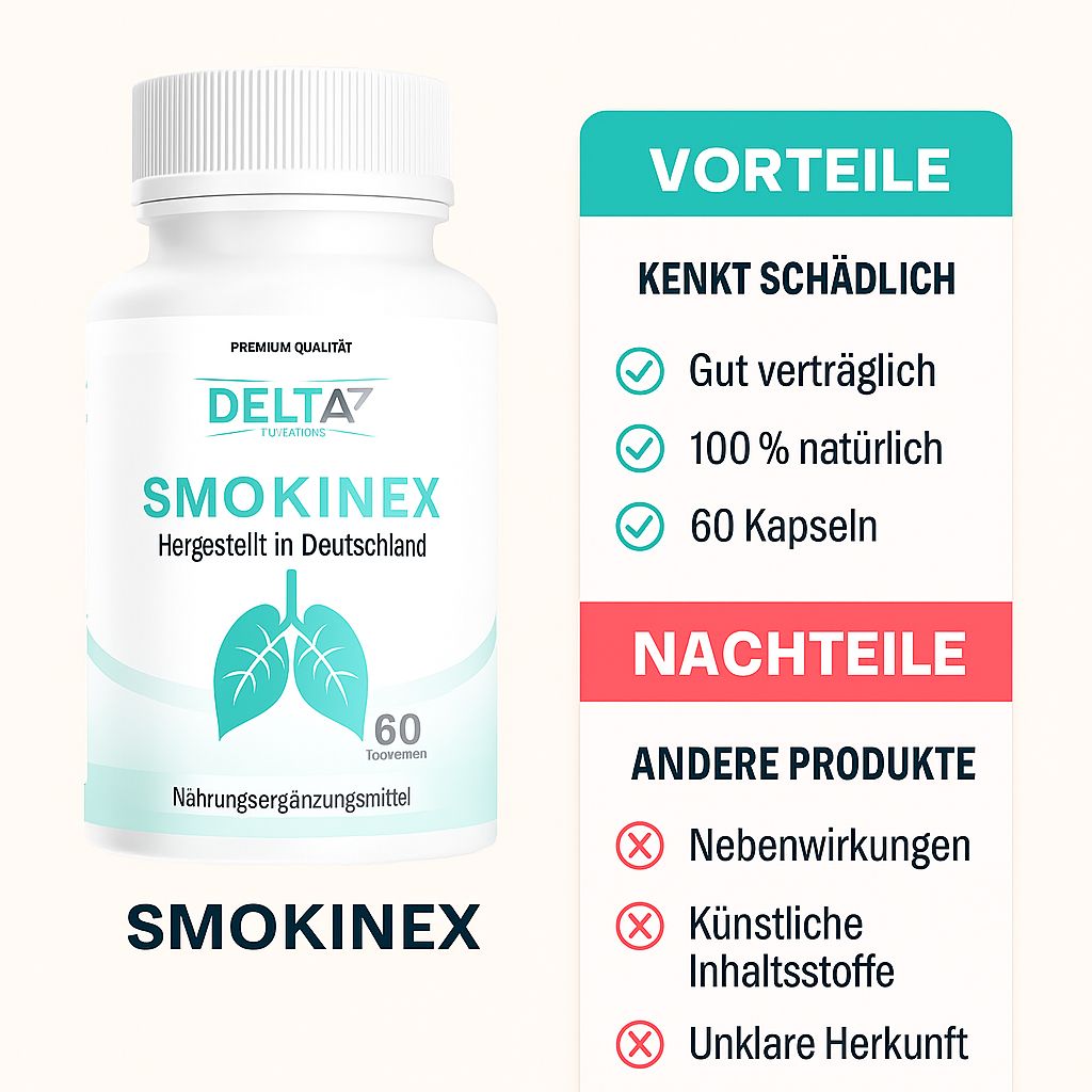 Weiße Flasche SMOKINEX, DELTA7 NUTRITION, 60 Kapseln. Vorteile: Gut verträglich, 100% natürlich. Nachteile: Andere Produkte.