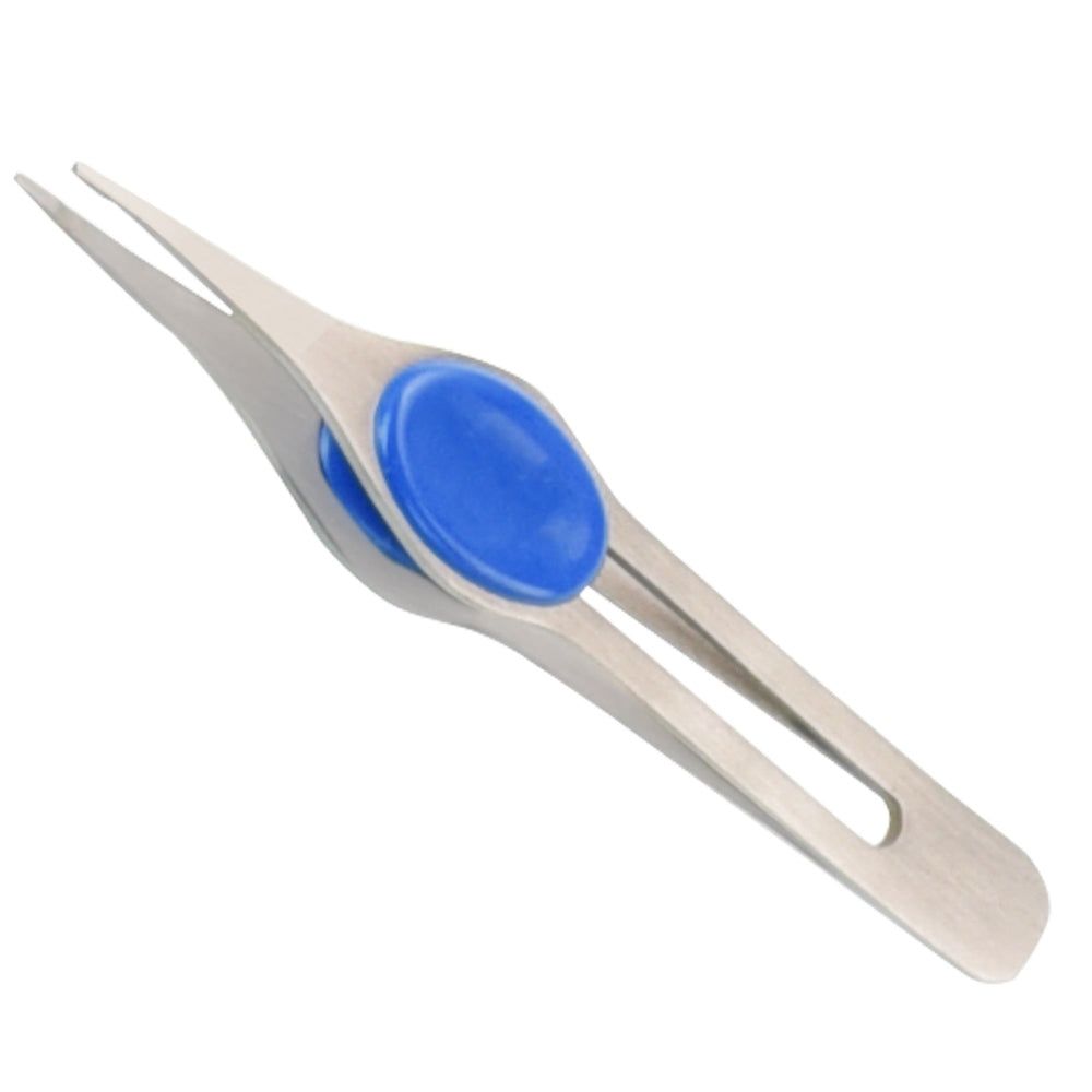 Pinzette mit spitzer Spitze, Metall, blaues Griffstück. Zum Greifen von kleinen Objekten.