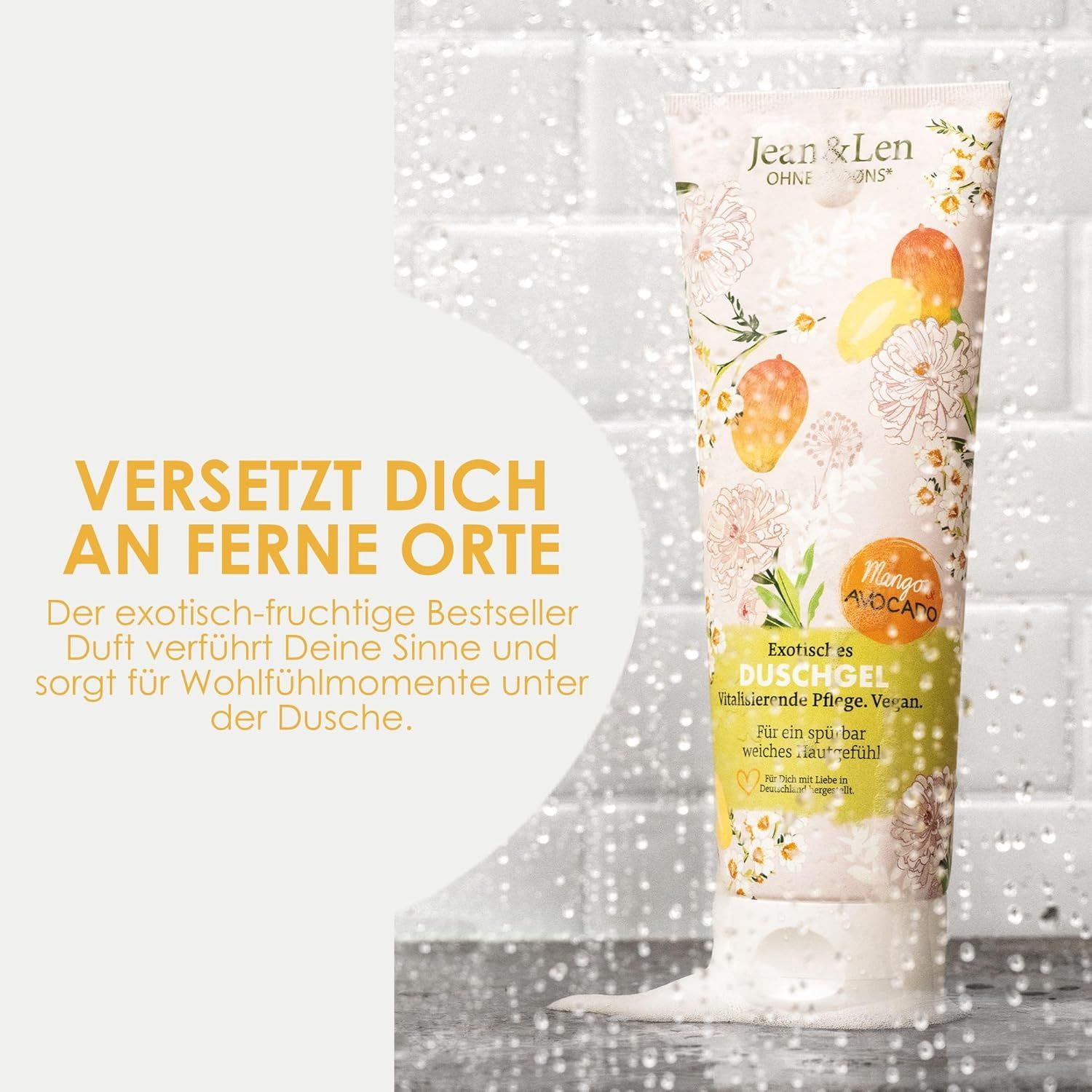 Duschgel-Tube mit Mango und Avocado. Text: Versetzt dich an ferne Orte. Exotisch-fruchtiger Bestseller-Duft. Wasser-Effekt.