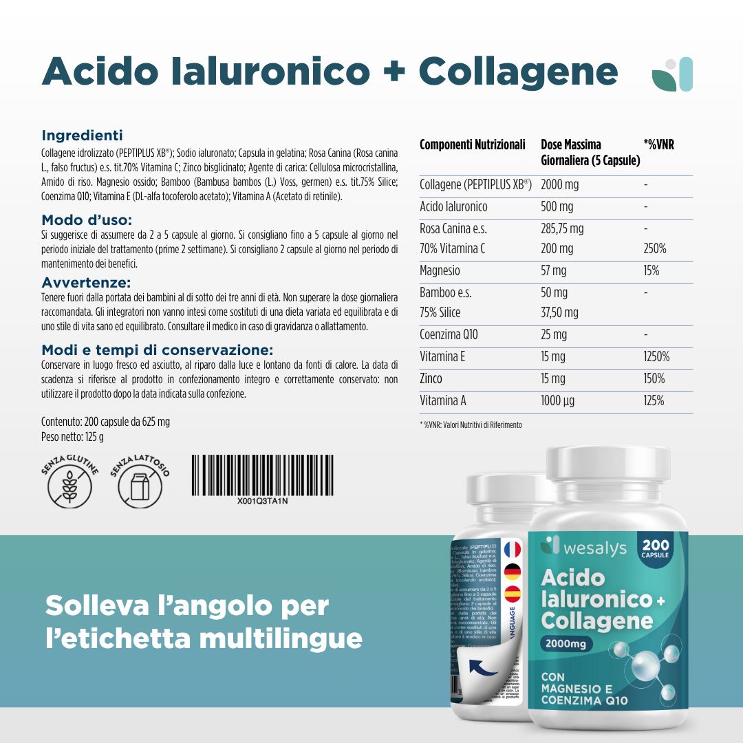 Retro della confezione del prodotto. Ingredienti, informazioni nutrizionali, istruzioni per l'uso, avvertenze. 200 capsule.