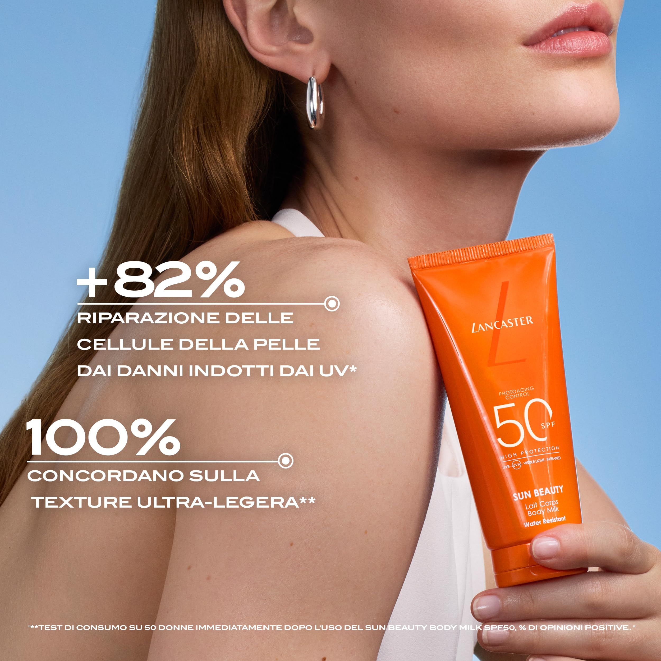 Frau mit Haut und Sonnencreme-Tube. Text: +82% Reparatur der Hautzellen. 100% Textur ultra-leicht.