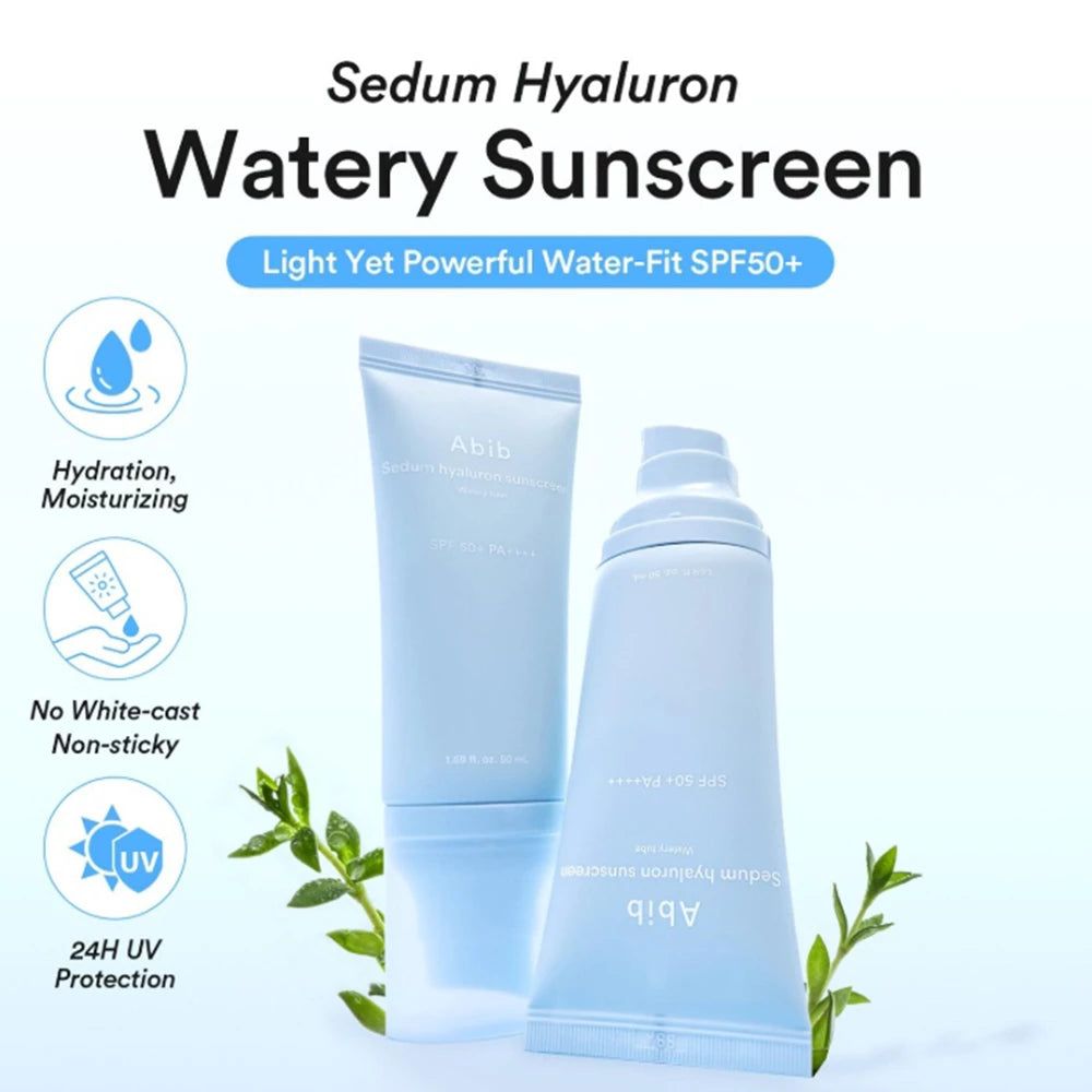 Zwei hellblaue Tuben Abib Sedum Hyaluron Sonnenschutzcreme mit Icons für Hydration, keine Rückstände und 24h UV-Schutz.