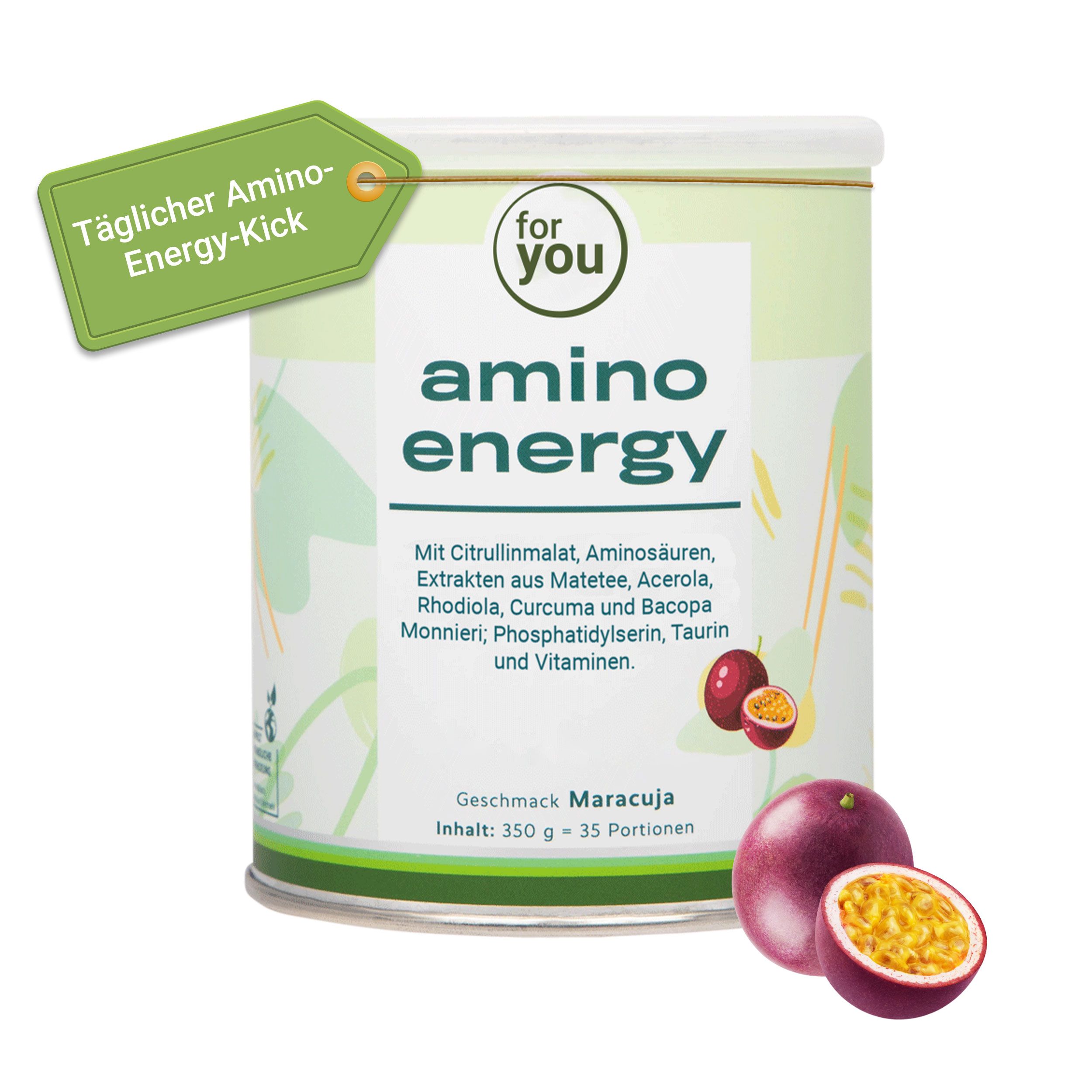 Dose "for you amino energy" mit Maracujas. Text: "Mit Citrullinmalat, Aminosäuren, Extrakten aus Matee, Acerola, Rhodiola, Curcuma und Bacopa Monnieri".