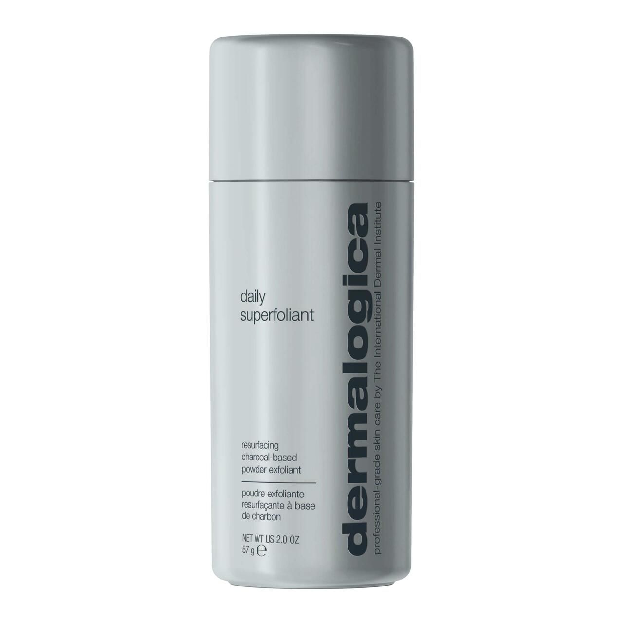 Grauer Behälter mit grauem Deckel. Aufschrift: daily superfoliant, dermalogica, resurfacing charcoal-based powder exfoliant.