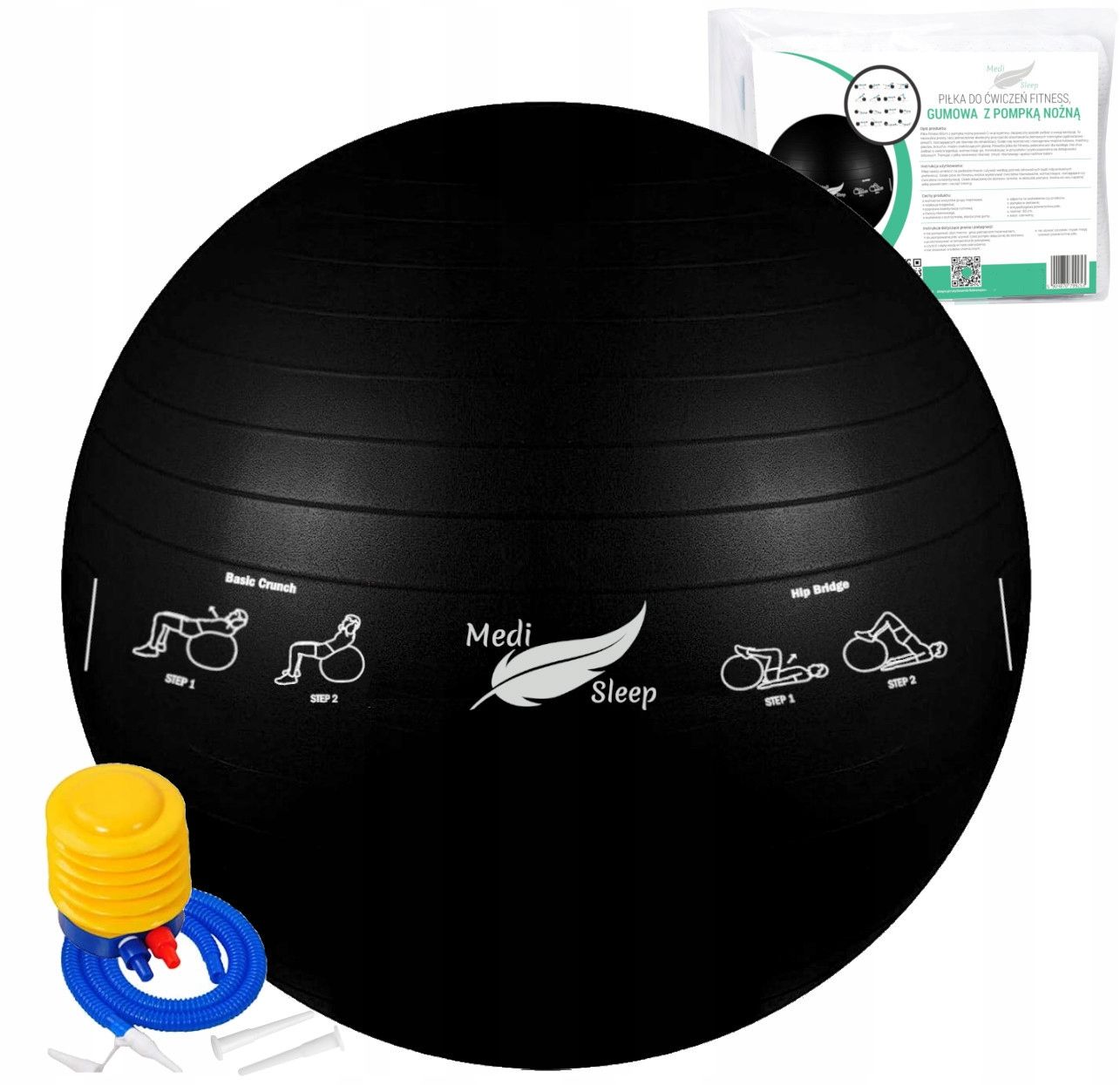 Medi Sleep Gymnastikball 65 cm Schwarz mit Fußpumpe und Anti-Burst-System 1 St