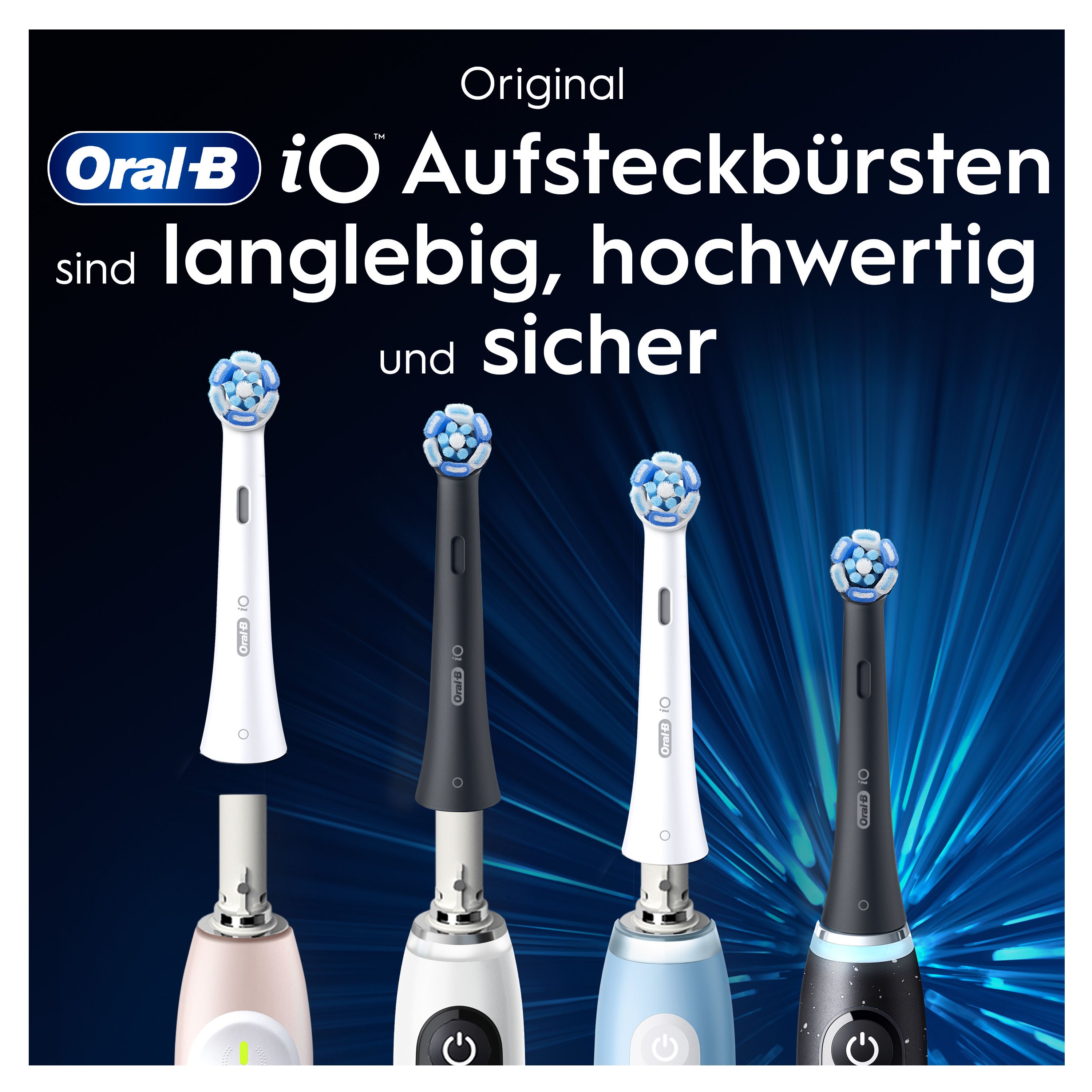 Verschiedene Oral-B iO Aufsteckbürsten. Verschiedene Farben und Formen. Text: langlebig, hochwertig und sicher.