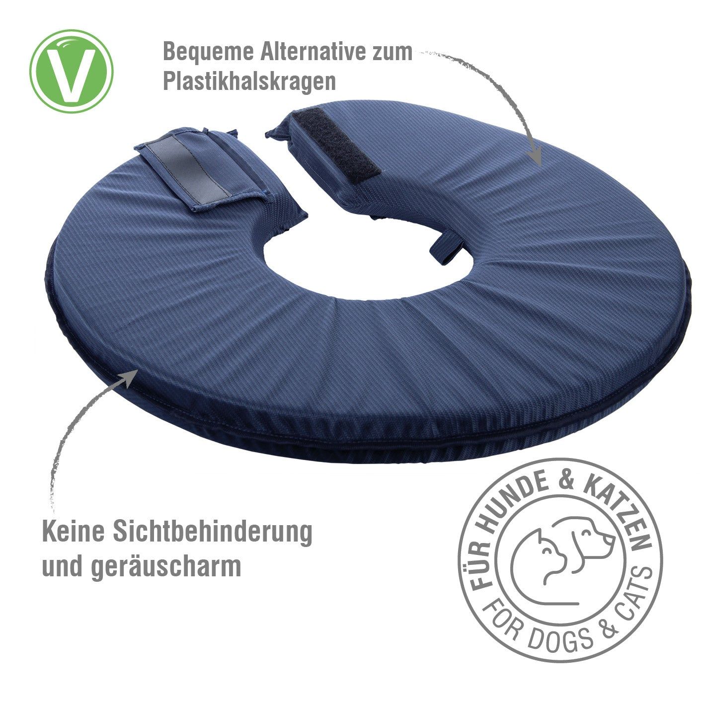 Blauer Leckschutzkragen. Text: Bequeme Alternative zum Plastikkragen. Für Hunde & Katzen. Keine Sichtbehinderung.