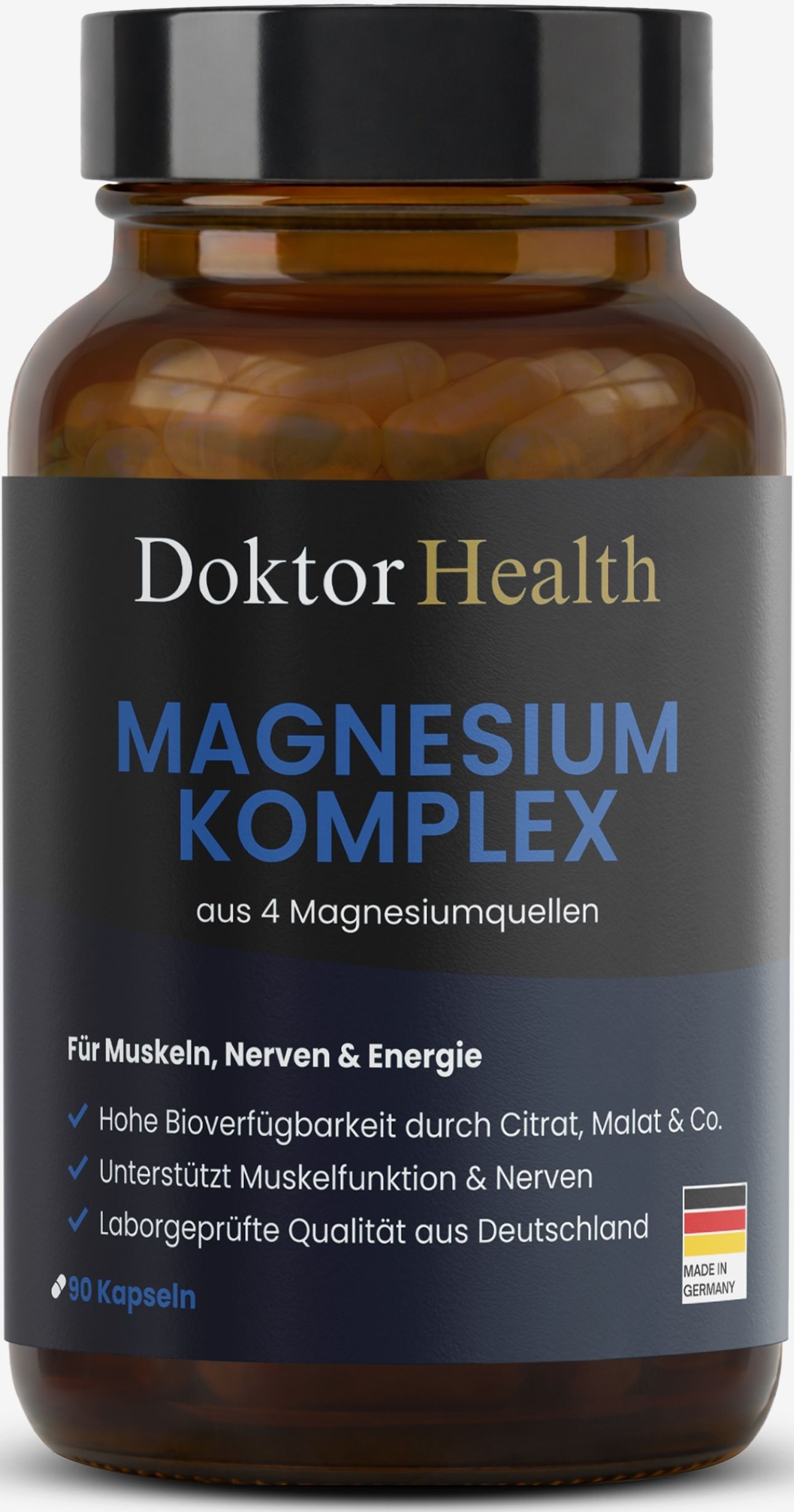 Braune Flasche Doktor Health Magnesium Komplex. Aufschrift: Magnesium Komplex, aus 4 Magnesiumquellen. Für Muskeln, Nerven & Energie. 90 Kapseln.