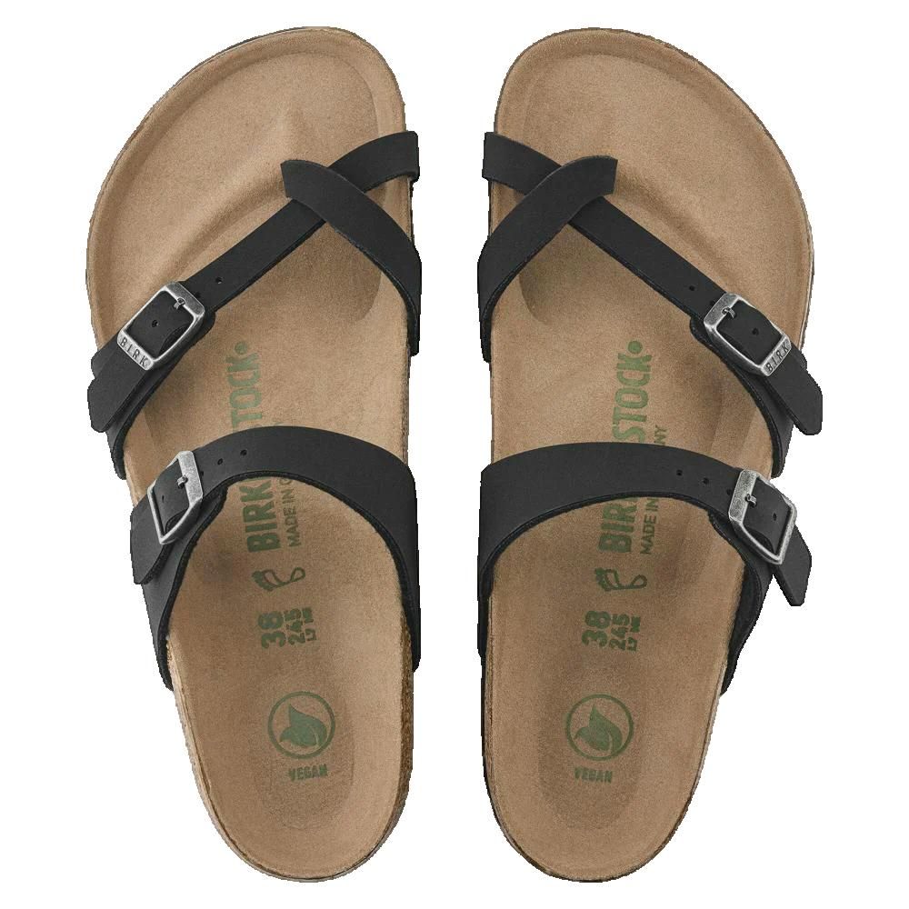 Due sandali neri. Cinturini con fibbie. Plantare in sughero. Logo vegano.