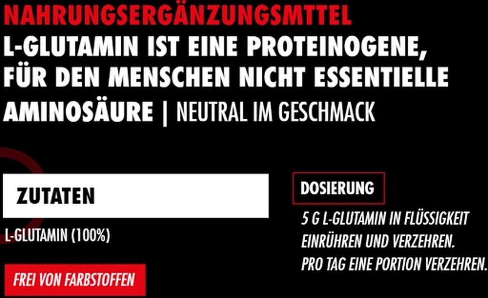 Text auf rotem und weißem Hintergrund: Zutaten, Dosierung, L-Glutamin. "FREI VON FARBSTOFFEN".
