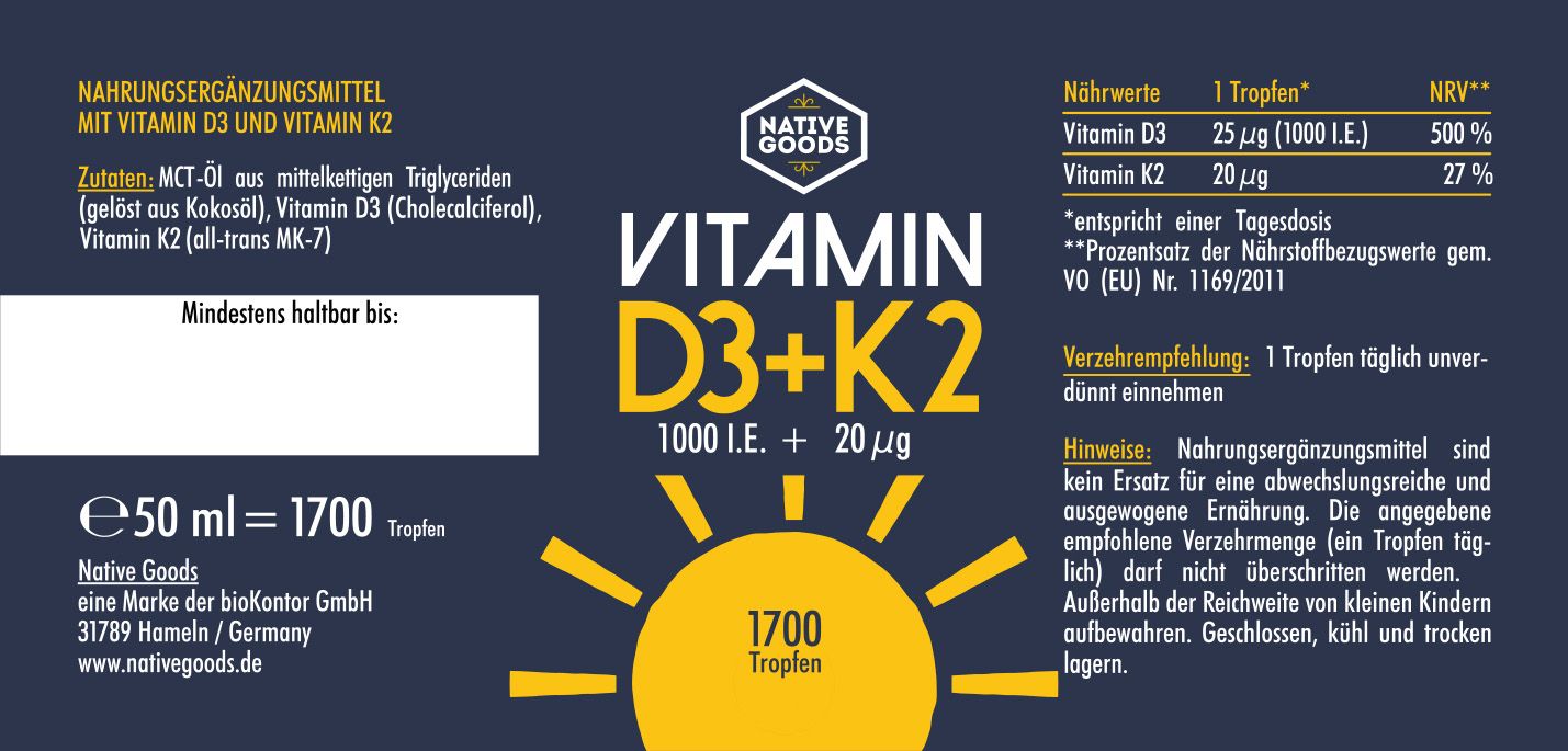 Etikett einer Flasche Vitamin D3+K2 Tropfen mit Nährwertangaben und Dosierung.