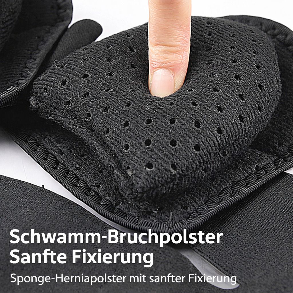 Nahaufnahme eines schwarzen, perforierten Bruchpolsters. Text: Schwamm-Bruchpolster, sanfte Fixierung. Schwamm-Herniapolster mit sanfter Fixierung.