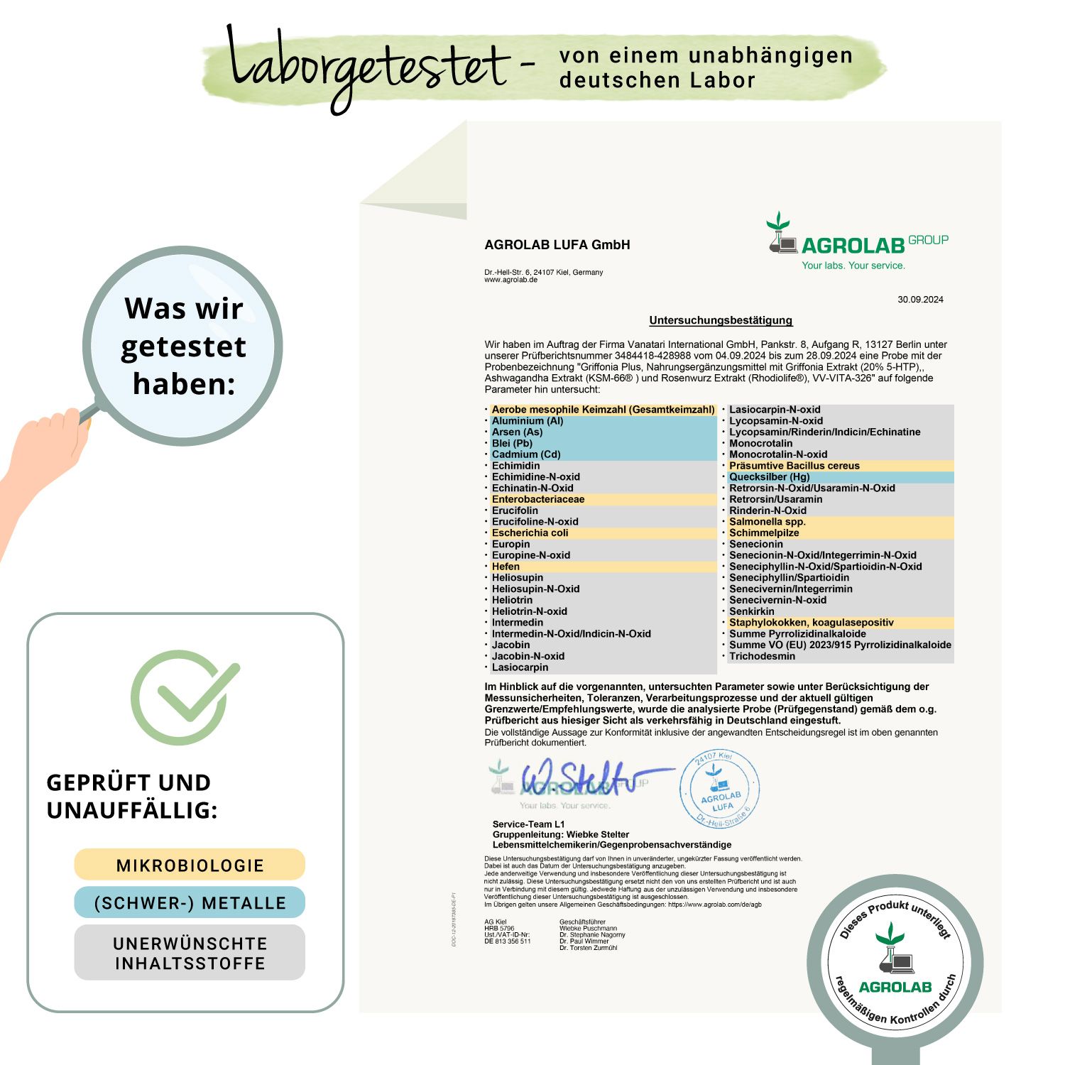 Laborbericht. Getestet auf: Mikrobiologie, Schwermetalle, unerwünschte Inhaltsstoffe. Zertifizierung: Agrolab.