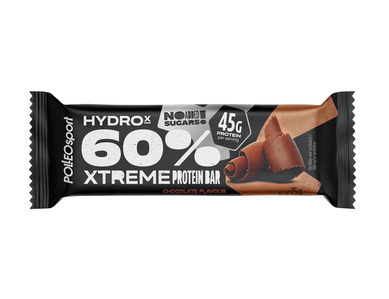 Proteinriegel in schwarzer Verpackung. Aufschrift: HydroX 60% Xtreme Protein Bar, 45g Protein pro Portion. Schokoladen-Geschmack.