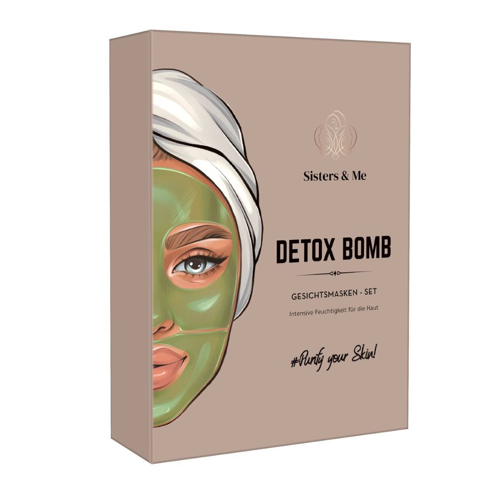 Gesichtsmasken-Set in Kartonverpackung. Aufdruck: "Sisters & Me", "Detox Bomb", Gesicht mit Maske.