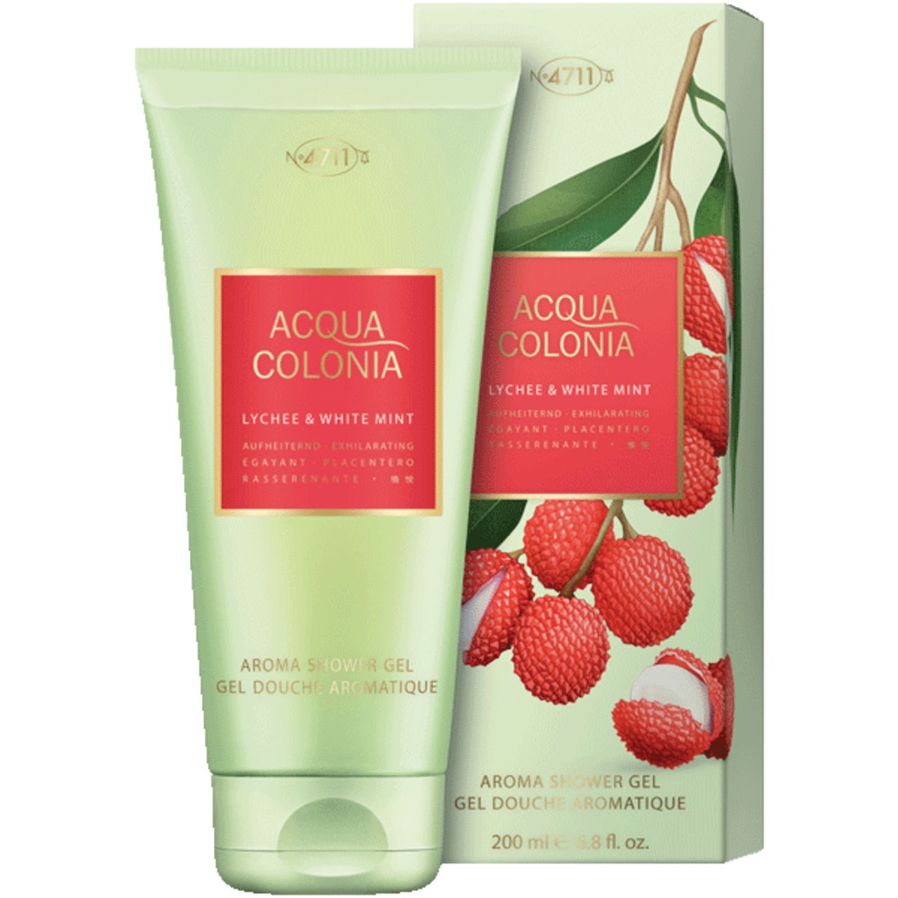 Grüne Tube und Schachtel. Text: Acqua Colonia, Lychee & White Mint, Aroma Shower Gel. Abbildung: Litschis.