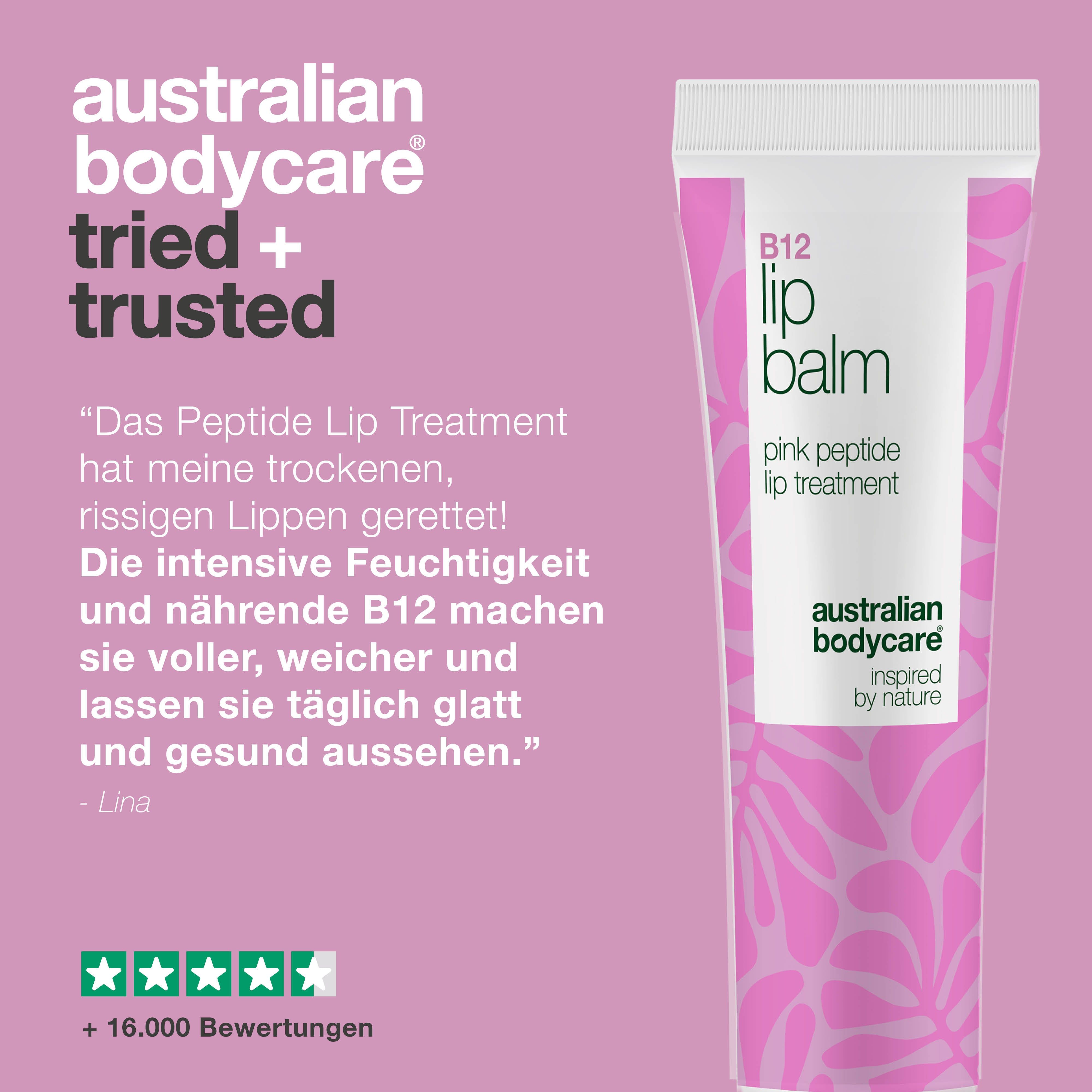 Australian Bodycare B12 Lip Balm. Text: Peptide Lip Treatment hat meine trockenen Lippen gerettet!