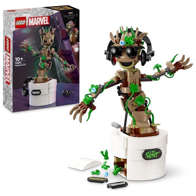 Set LEGO Marvel Groot ballerino. La figura è costruita con mattoncini LEGO marroni e verdi, che balla su una base bianca. La base reca la scritta "I AM GROOT". La confezione presenta Groot e il logo Marvel.