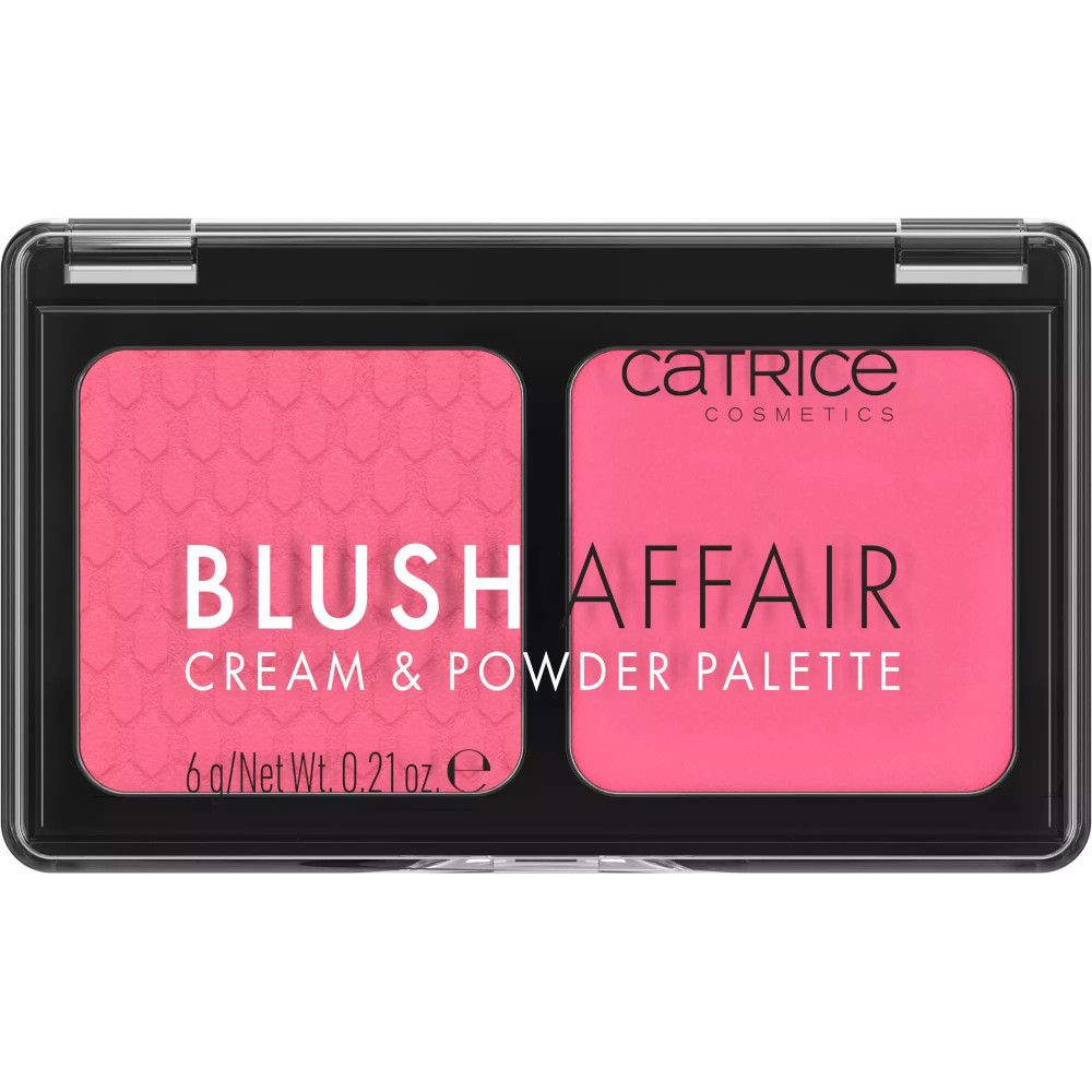 Rouge-Palette mit zwei rosa Farbtönen. Enthält Creme- und Puderrouge. Schwarze Verpackung mit transparentem Deckel. Aufschrift: Blush Affair.