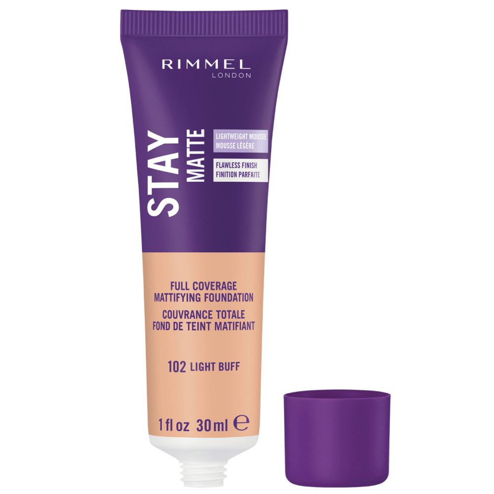 Rimmel Stay Matte Foundation. Tube mit Deckel. Lila-beige Farbgebung. Text: Stay Matte, Full Coverage, 102 Light Buff.