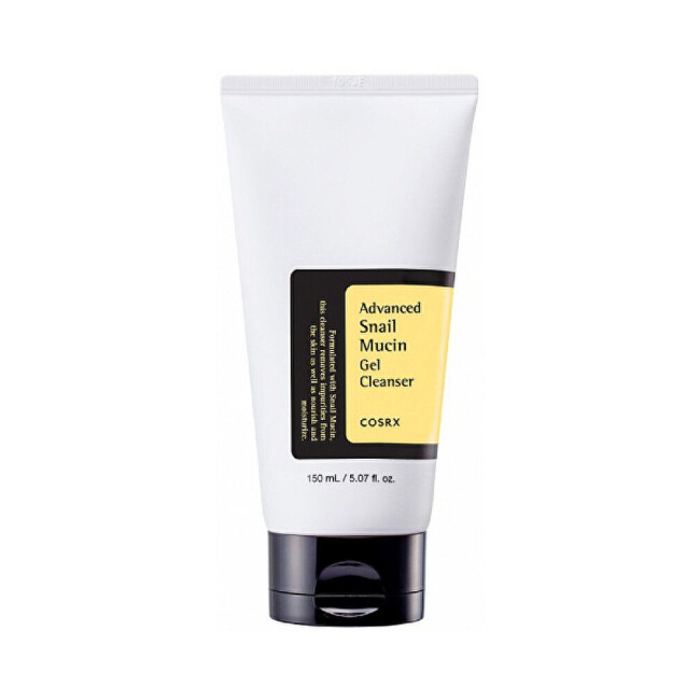 Weiße Tube mit schwarzem Klappdeckel, enthält COSRX Advanced Snail Mucin Gel Cleanser.