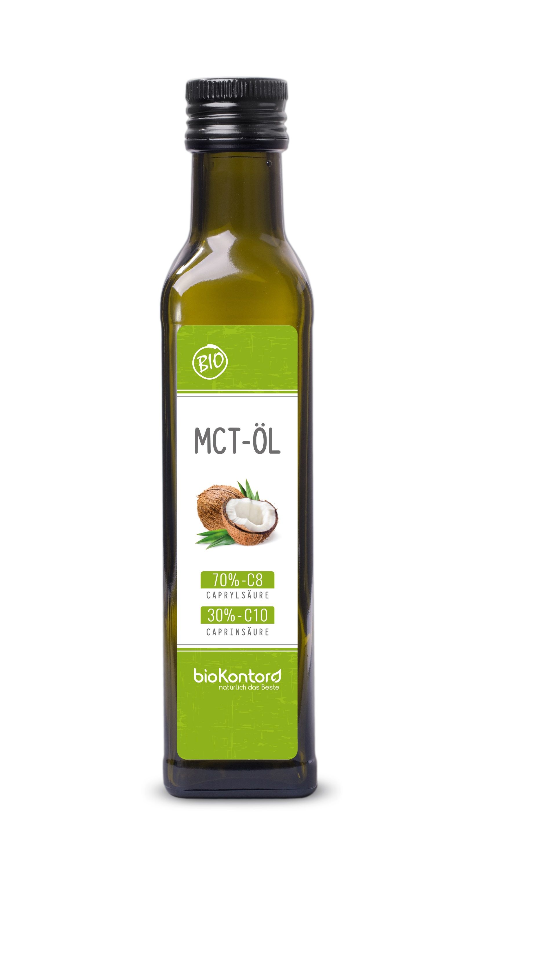 Grüne Glasflasche mit schwarzem Deckel. Etikett mit "MCT-Öl", Kokosnuss-Illustration und "bioKontor" Logo.