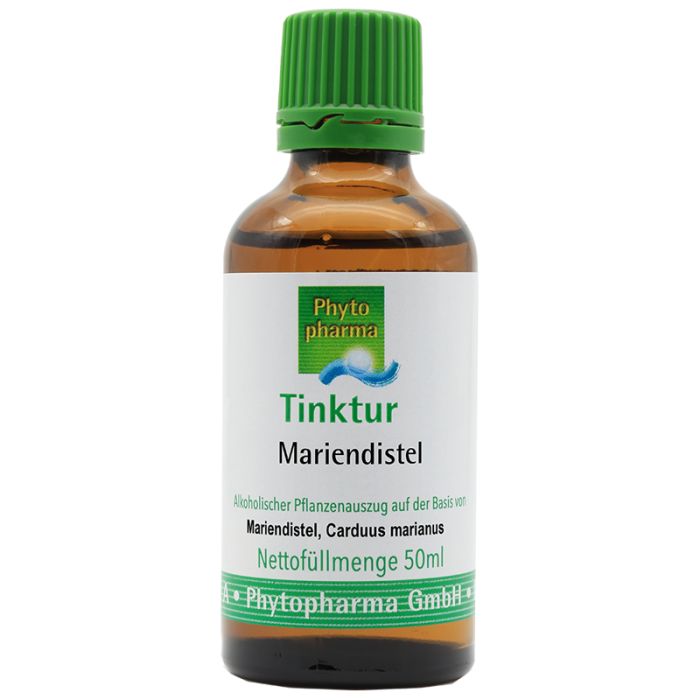 Braune Glasflasche mit grünem Verschluss. Etikett mit Produktname und Hersteller. Mariendistel-Tinktur.