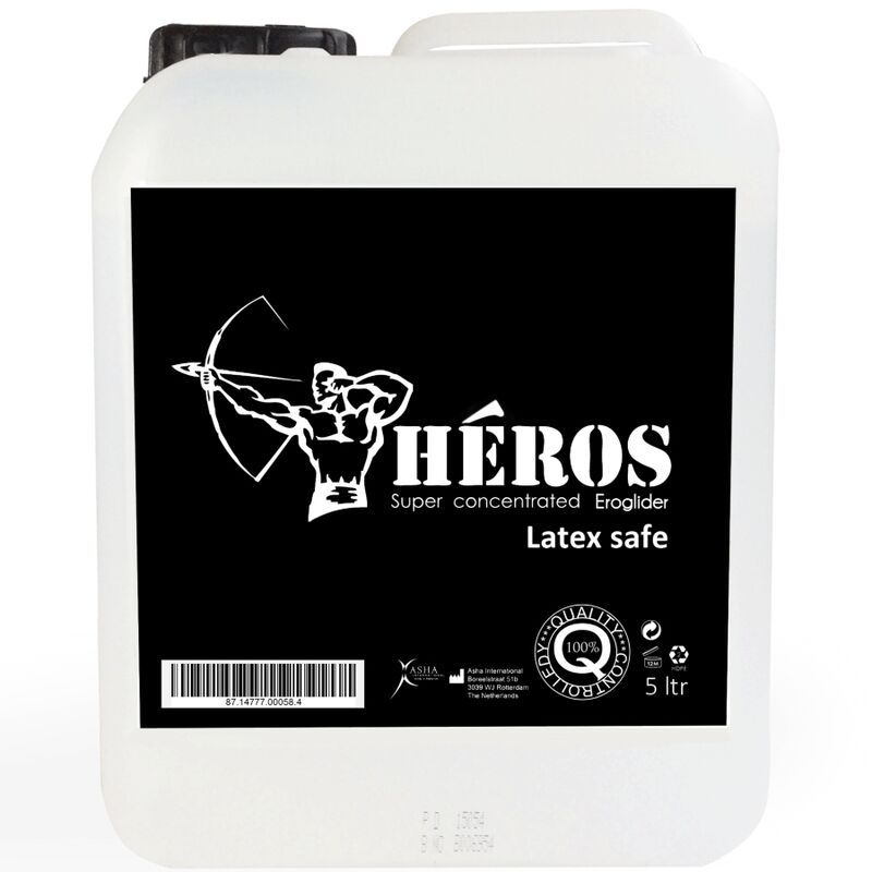 Behälter mit schwarzem Etikett. Aufschrift: HÉROS, Super concentrated Erogelider, Latex safe. Qualitätszeichen. 5 Liter.