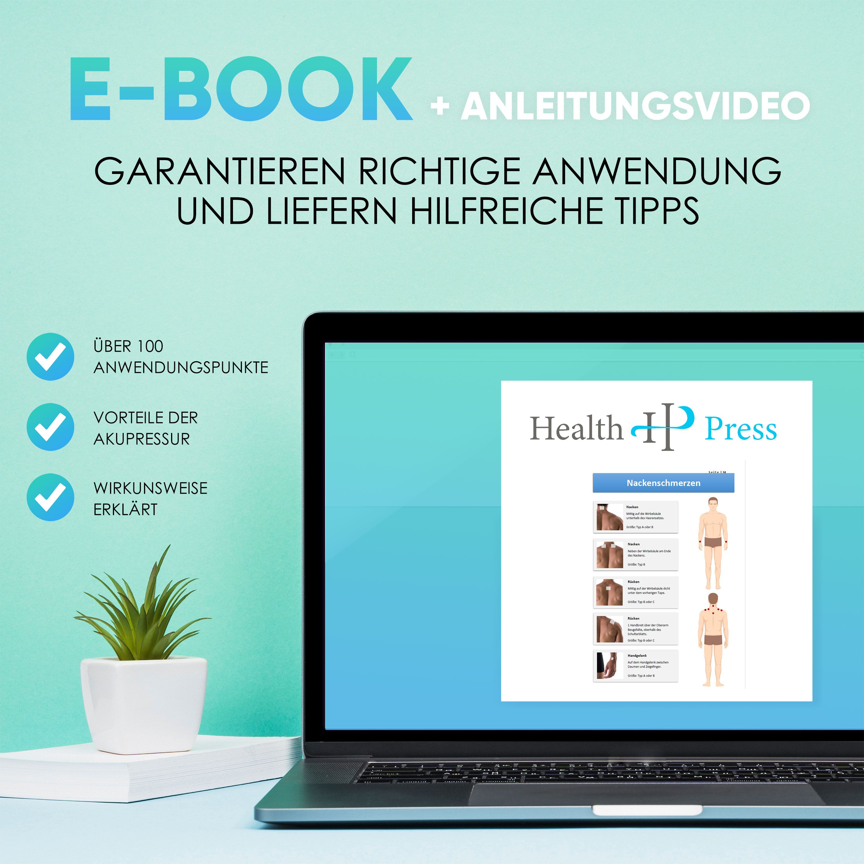 Laptop mit E-Book und Anleitungsvideo. Text: Garantieren richtige Anwendung und liefern hilfreiche Tipps. Über 100 Anwendungspunkte. Vorteile der Akupressur. Wirkungsweise erklärt.
