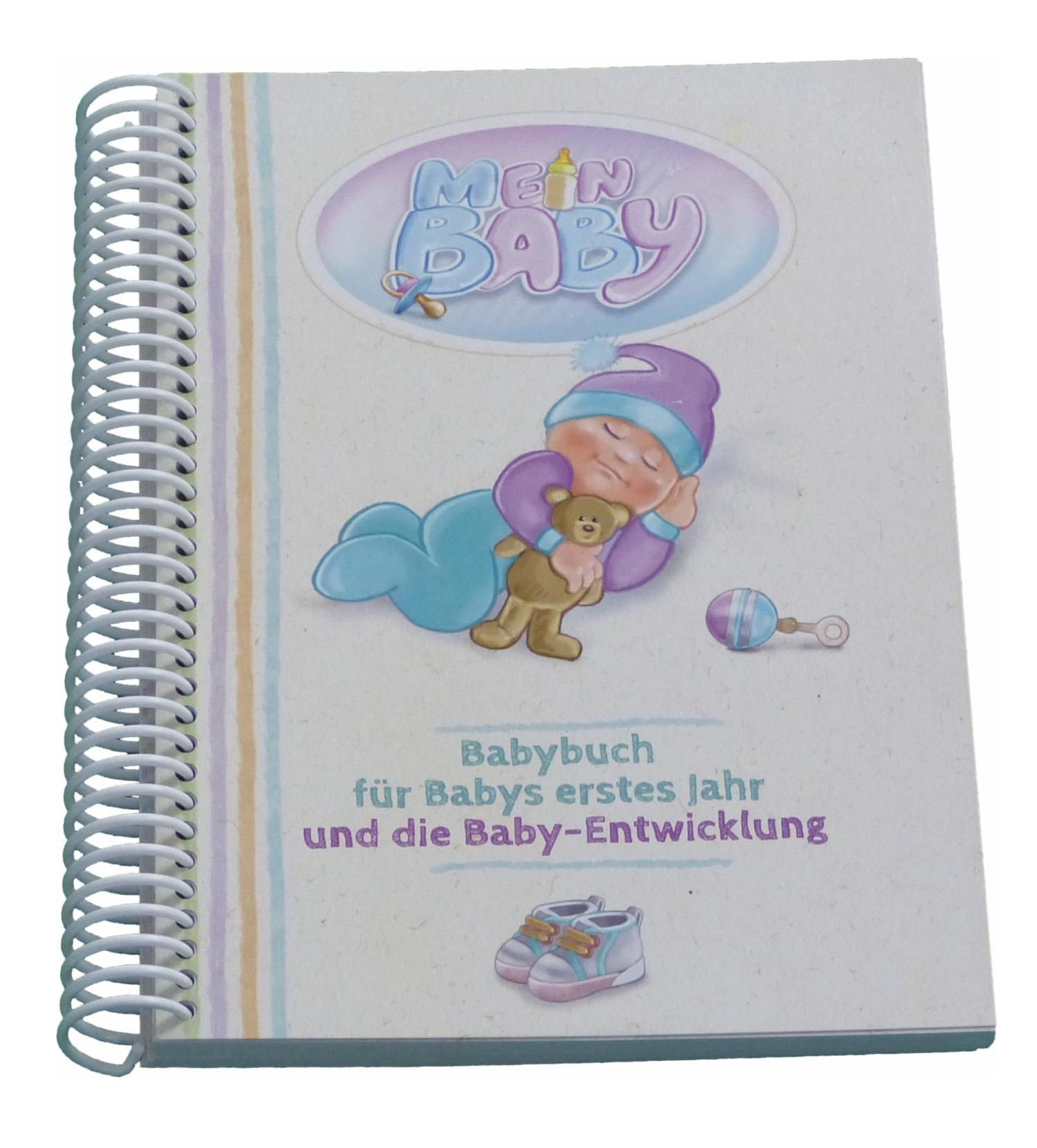 Spiralgebundenes Buch mit Illustrationen. Titel: Babybuch für Babys erstes Jahr. Abbildung eines schlafenden Babys mit Teddybär.