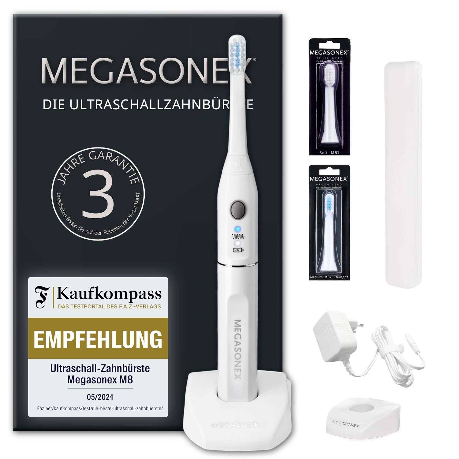 Elektrische Zahnbürste mit Ladestation, Ersatzbürsten, Netzteil und Reiseetui. Auf der Verpackung steht MEGASONEX.
