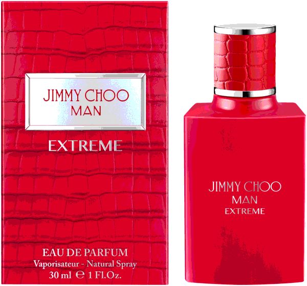 Rotes Parfümflakon und Verpackung. Aufschrift: JIMMY CHOO MAN EXTREME. Eau de Parfum. 30 ml.