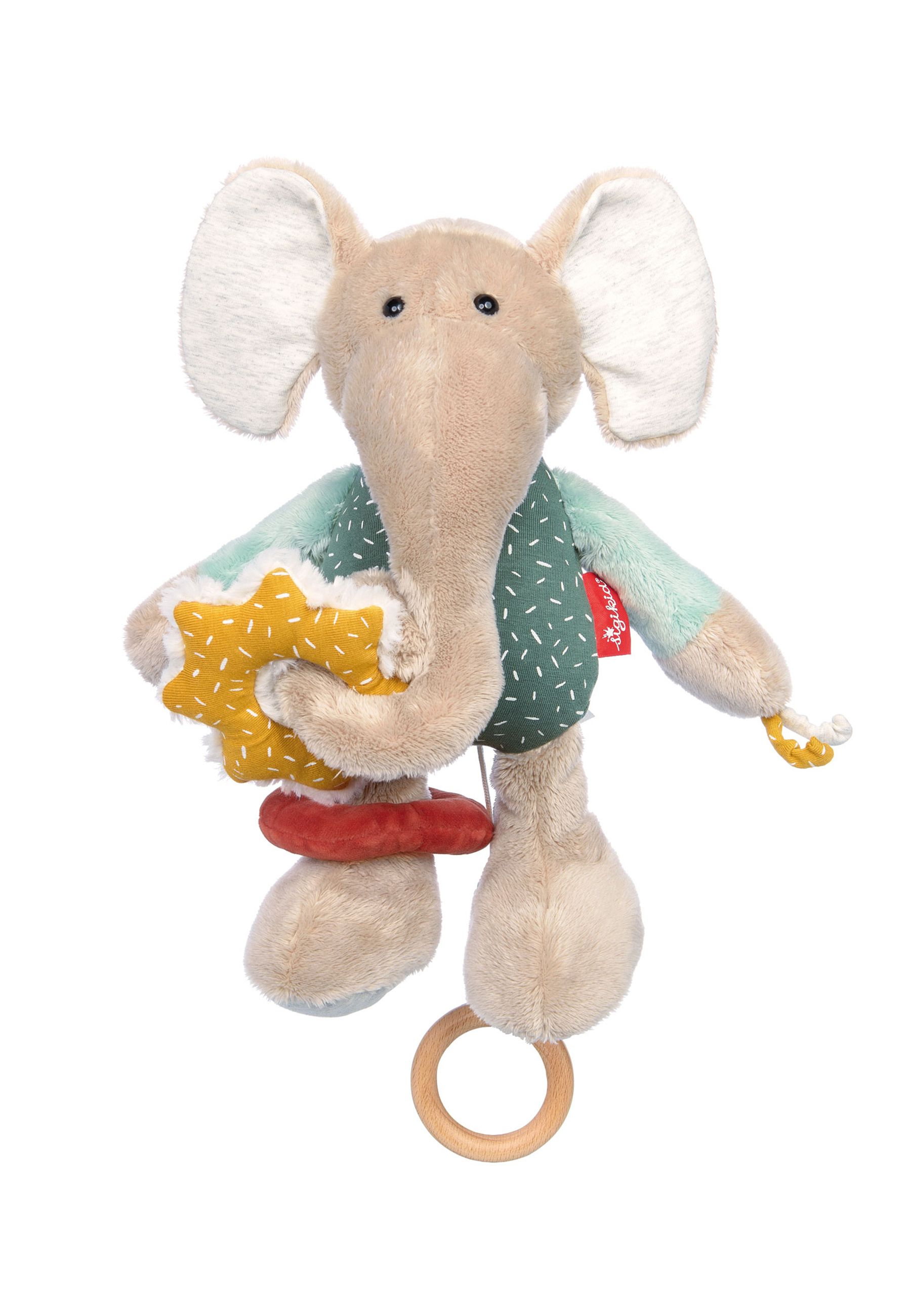 SIGIKID Aktiv-Elefant. Beige Stofftier-Elefant mit Stern und Ring. Grün-türkises Oberteil. Holzring unten.