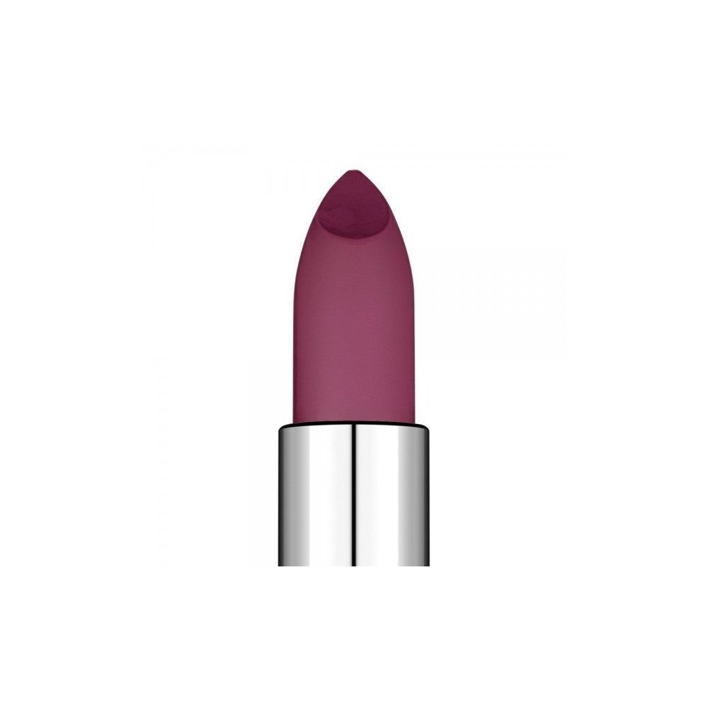 Lippenstift mit matter Oberfläche. Farbton: Rosa-Lila. Silberfarbene Hülse.