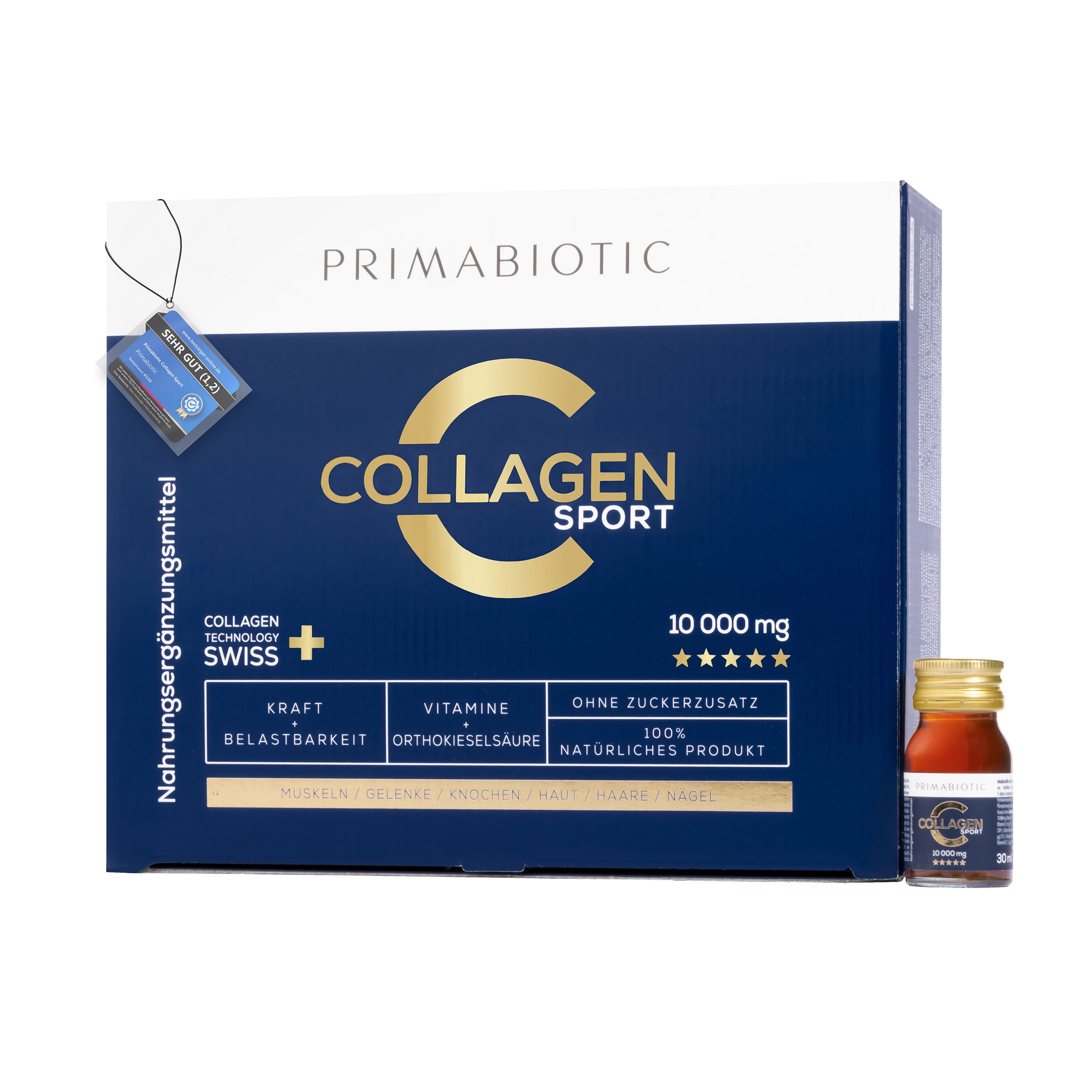 Blau-weiße Verpackung mit Primabiotic Collagen Sport. Enthält 10.000 mg. Eine Flasche ist sichtbar.