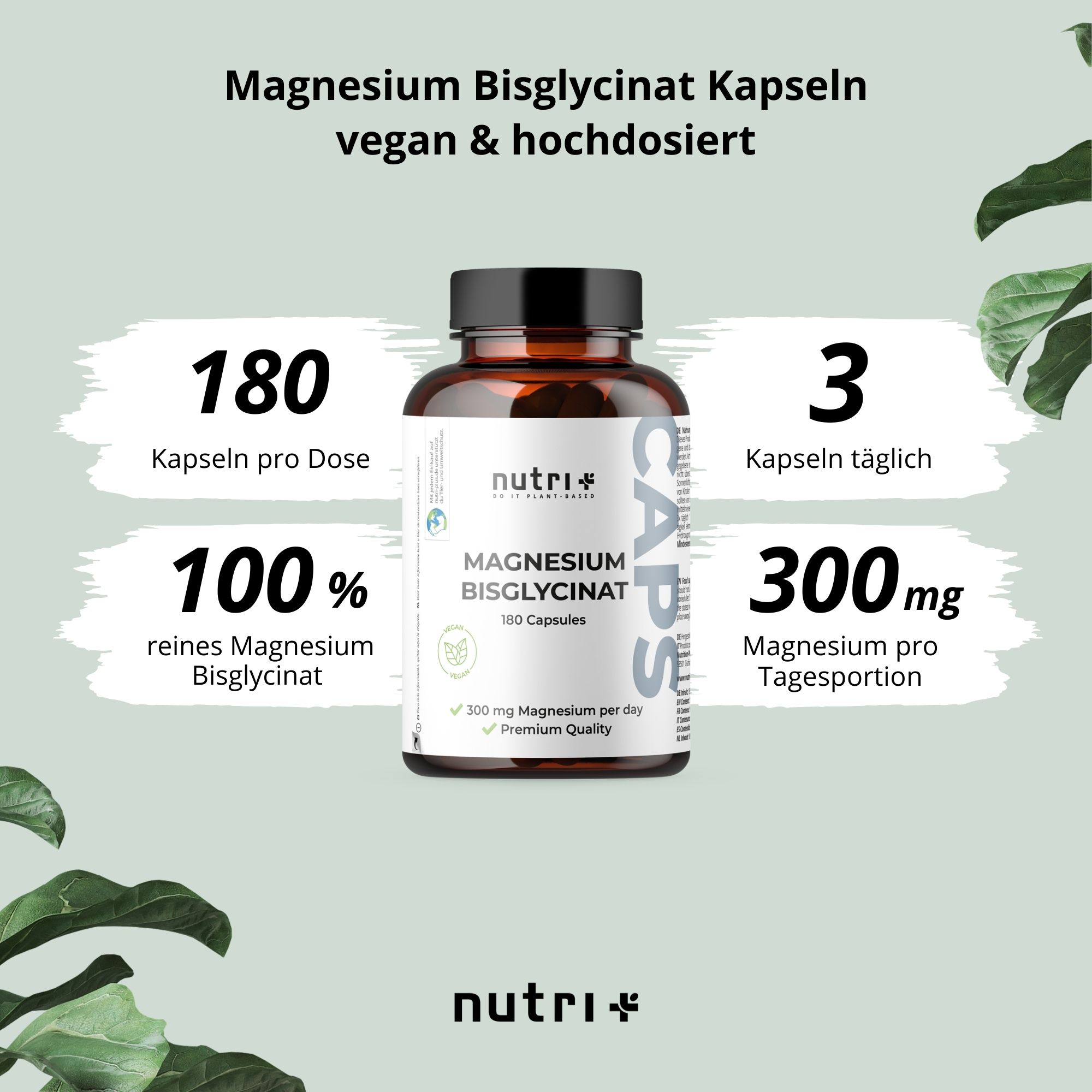 Grafik mit Flasche und Text. 180 Kapseln pro Dose, 3 Kapseln täglich, 100% reines Magnesiumbisglycinat, 300mg Magnesium pro Tagesportion.